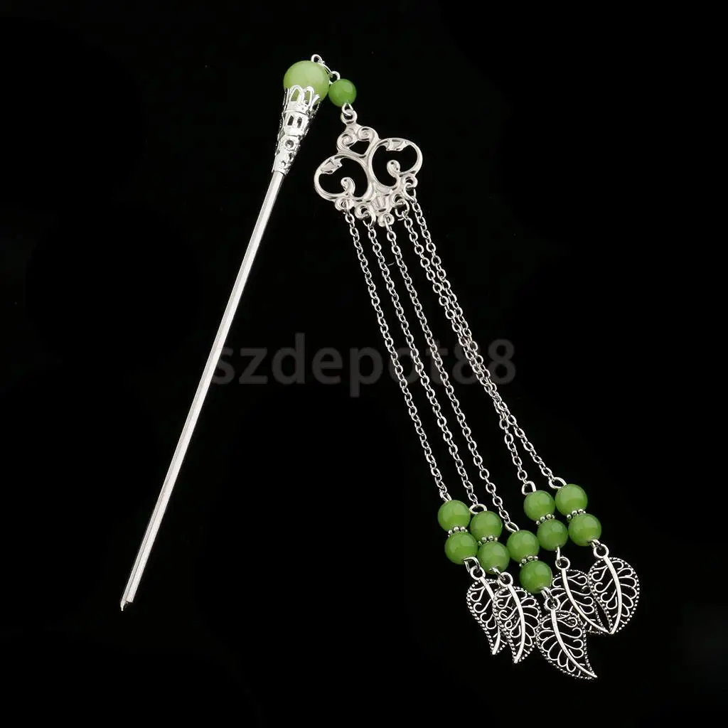 Solid Metal Tasel with Beads Stick Pin Hanfu Dress Ancient Chinese Cosplay Drama Girls Cute Hair Pin
