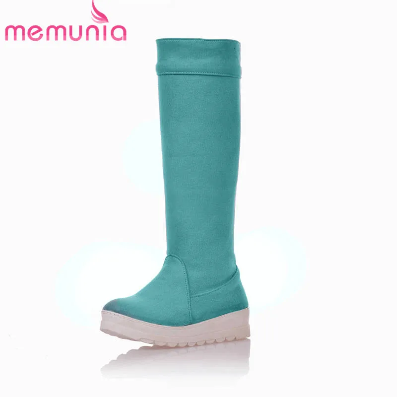 

MEMUNIA 2018 newest flock knee high boots women round toe slip on winter boots solid colors comfortable platform shoes woman