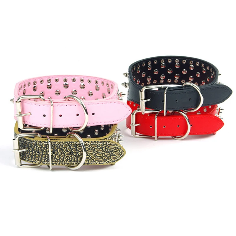 Punk Style Dog PU Leather Collars Rivet Studded Pet Adjustable Collar Round Spiked Neck Strap For Medium Large Dogs C27