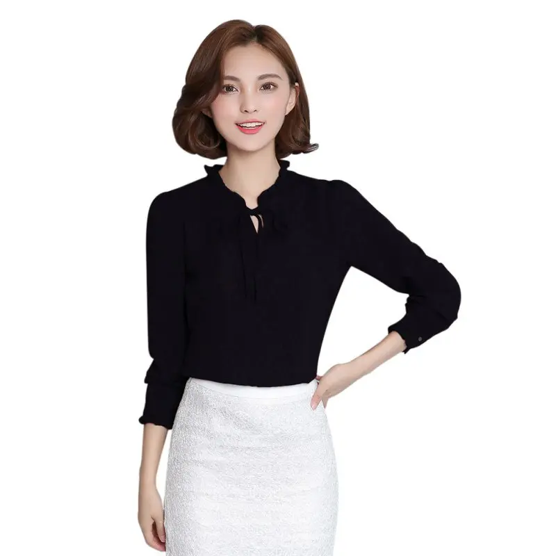 Women Blouse Long Sleeve Stand Collar Bow Blouses Elegant Ladies