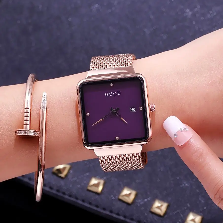 Fahion Guou Топ бренд большой циферблат квадратный роскошный розовое золото сетка сталь Женские повседневные часы Календарь Кварцевые женские наручные часы - Цвет: Фиолетовый