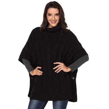 

2018 Autumn Knitted Pullovers Vintage Women Jumper Black Pocket Style Turtleneck Poncho Sweater Oversized Cardigans