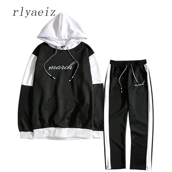 

Rlyaeiz 2017 Spring Sporting Suits Men Sportswear Casual Patchwork Color Hooded Hoodies + Pants Tracksuits Autumn Two Piece Set