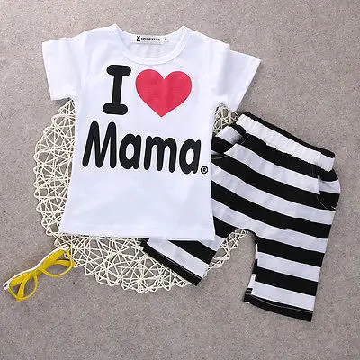Розничная 1 комплект! г. детская одежда летний комплект для мальчиков и девочек, футболка с короткими рукавами и надписью «I Love Papa and Mama»+ штаны, костюм детский пижамный комплект