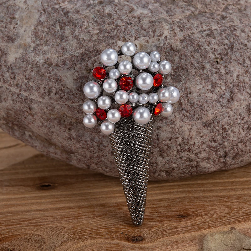 

TDQUEEN Ice Cream Pins Women Antique Silver Metal Brooches Vintage Costume Jewelry Gift Pearl Red Rhinestone Broches Lapel pin