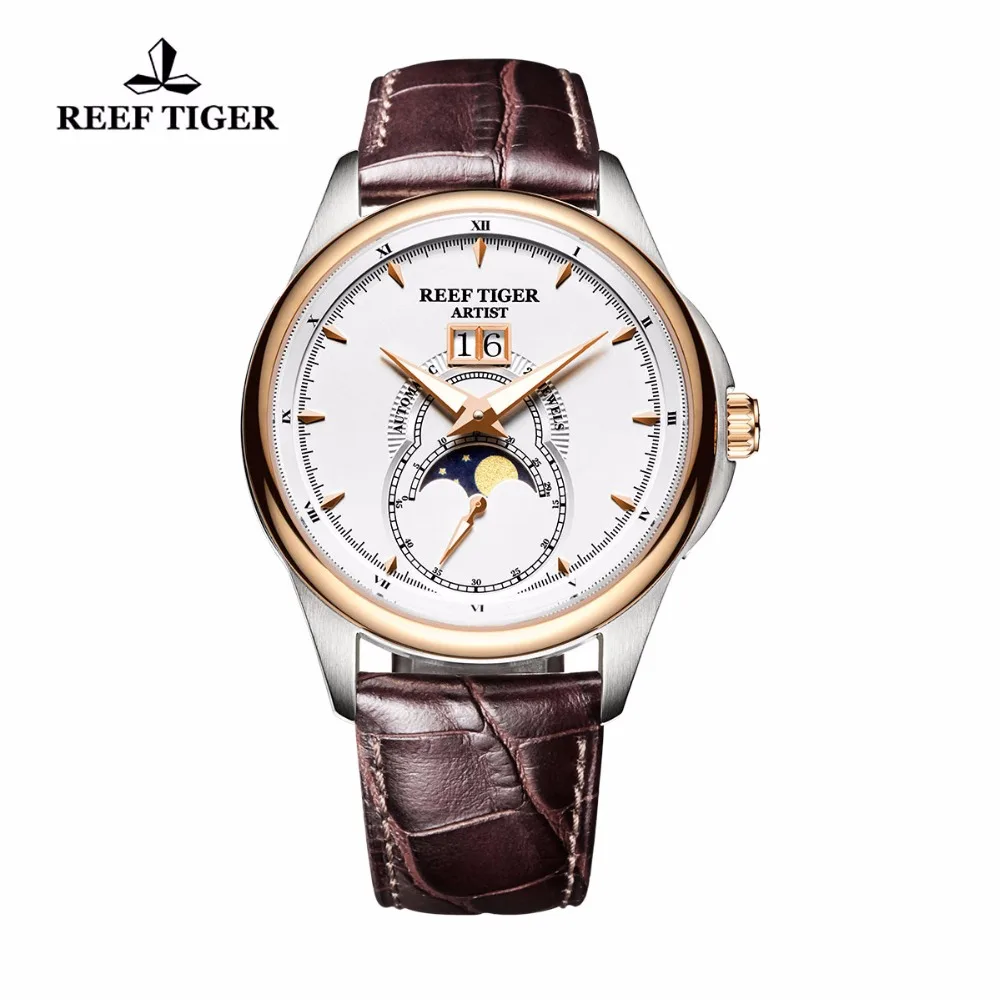 

Reef Tiger/RT Brand Fashion Watches for Men Sports Double Window Date Genuine Leather Strap Mechanical Moon Phase Watch Clock