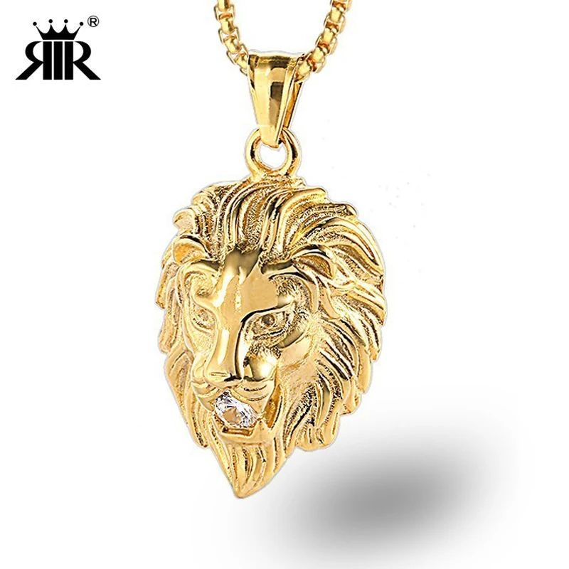 

RIR Animal Pendant Necklace Stainless Steel Gold Hip Hop Punk Fashion One Crystal With Lion Head Chain For Necklaces Jewelry