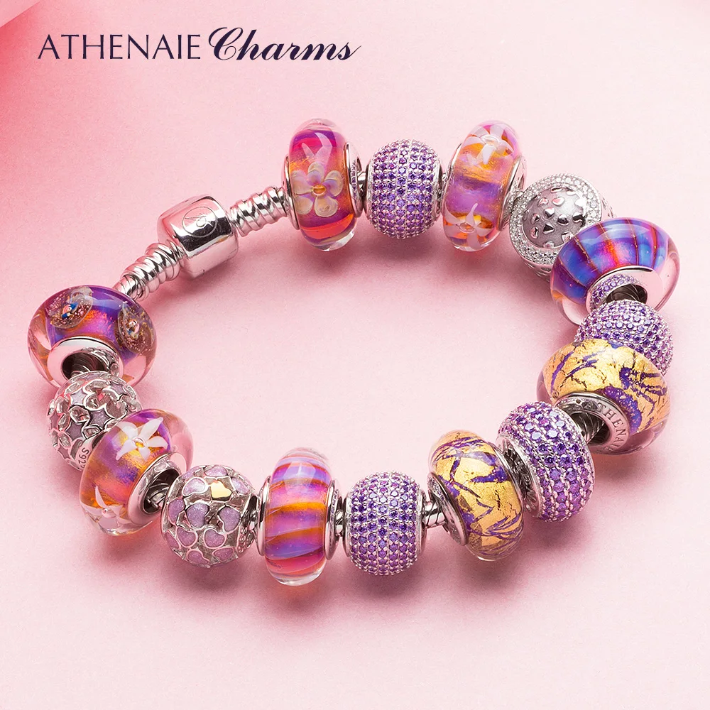 ATHENAIE 925 Silver Color Strand Bracelet Elegant Purple Flower Gold Foil & Enamel Murano Glass Beads For Women Charm Bracelet ATHENAIE 925 Silver Color Strand Bracelet Elegant Purple Flower Gold Foil & Enamel Murano Glass Beads For Women Charm Bracelet