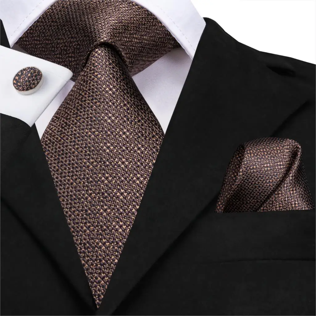 

SN-3189 Hi-Tie Men Tie Silk Necktie Brown Ties for Men High Quality Men's Wedding Party Business Classic Hanky Cufflinks Set
