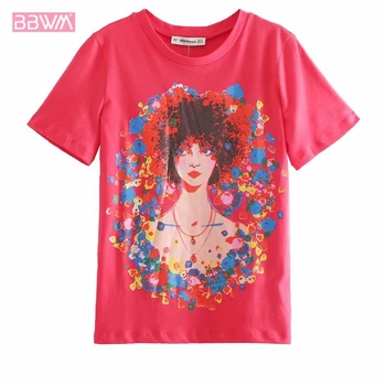 

2019 summer new beauty woman head women's round neck short sleeve front print female T-shirt Red fashion women's tops