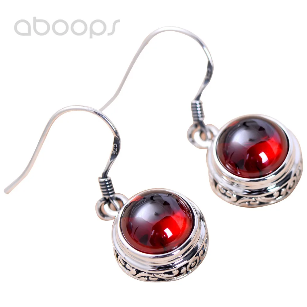 

Vintage 925 Sterling Silver Hollow Vine Leaf Dangling Earrings with Red Round Garnet Stones for Women Girls
