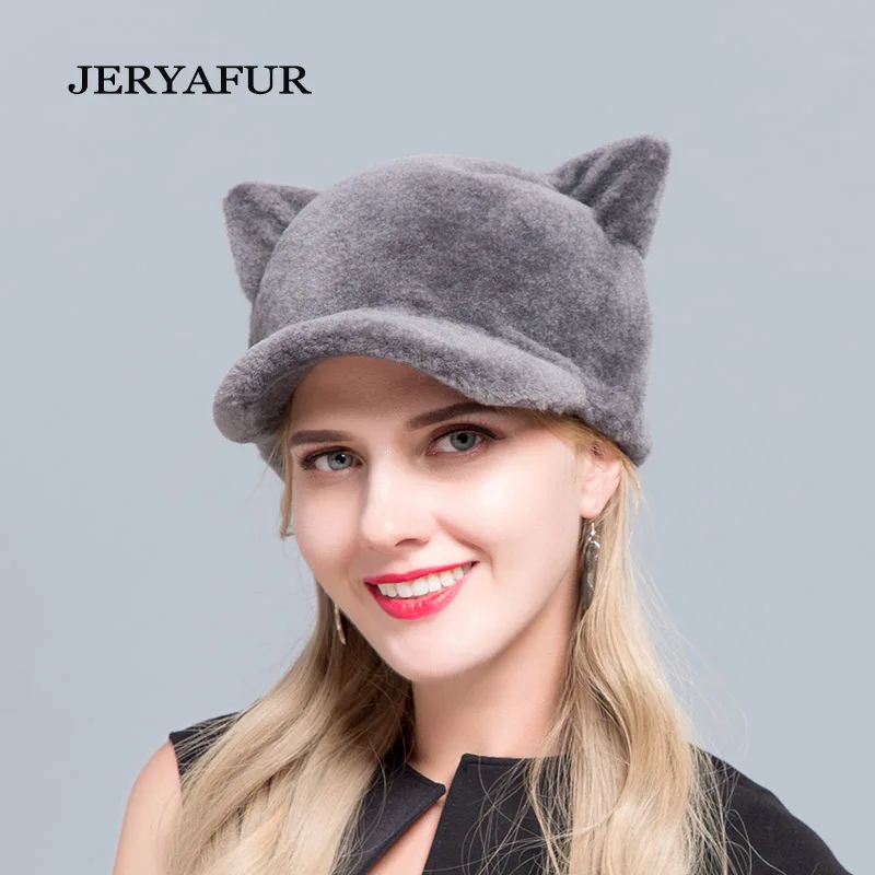 JERYAFUR/ горячая Распродажа, Новая меховая бейсболка с кошачьими ушками, Овечья меховая шапка, шерстяная женская шапка, милая Лыжная шапка из натурального меха, зимняя женская шапка