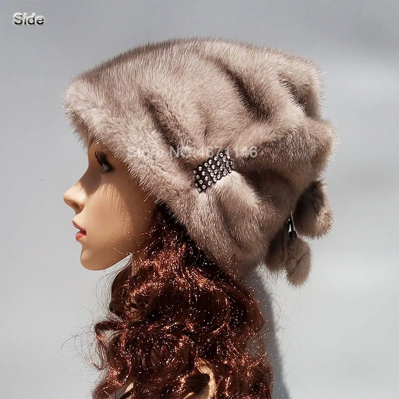 

New style winter Female women real Mink fur hat High-end jewel warm fur natural mink Headgear hats basin cap Skullies Beanies