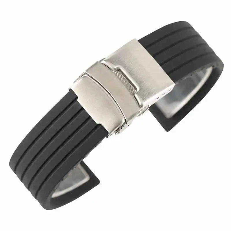 

18/20/22/24mm Watch Band Wristband Black Silicone Waterproof Replacement Wristwatch Strap Band Tool Fold Over Clasp with Safety