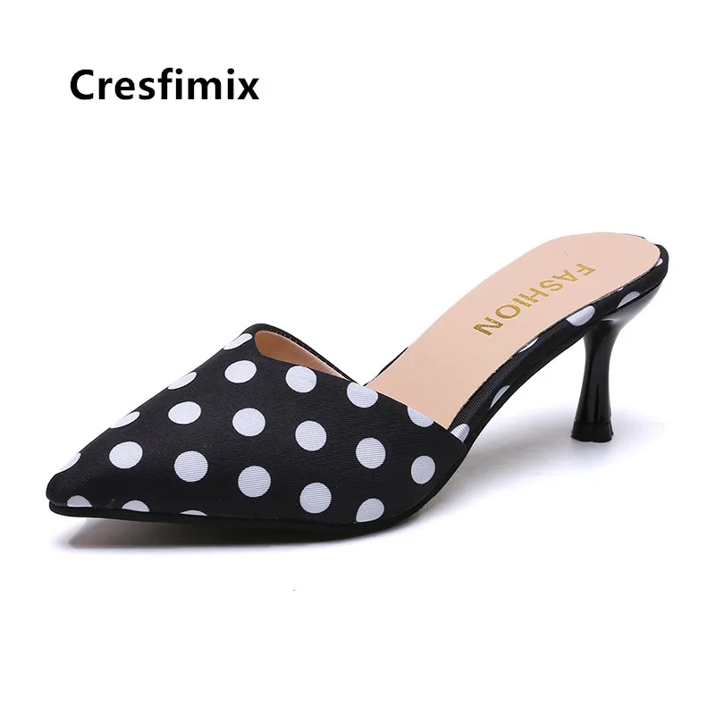 

Cresfimix Women Cute Sweet Blue Dot Comfortable Slip on High Heel Shoes Lady Casual White High Heels Femmes Hauts Talons B5219