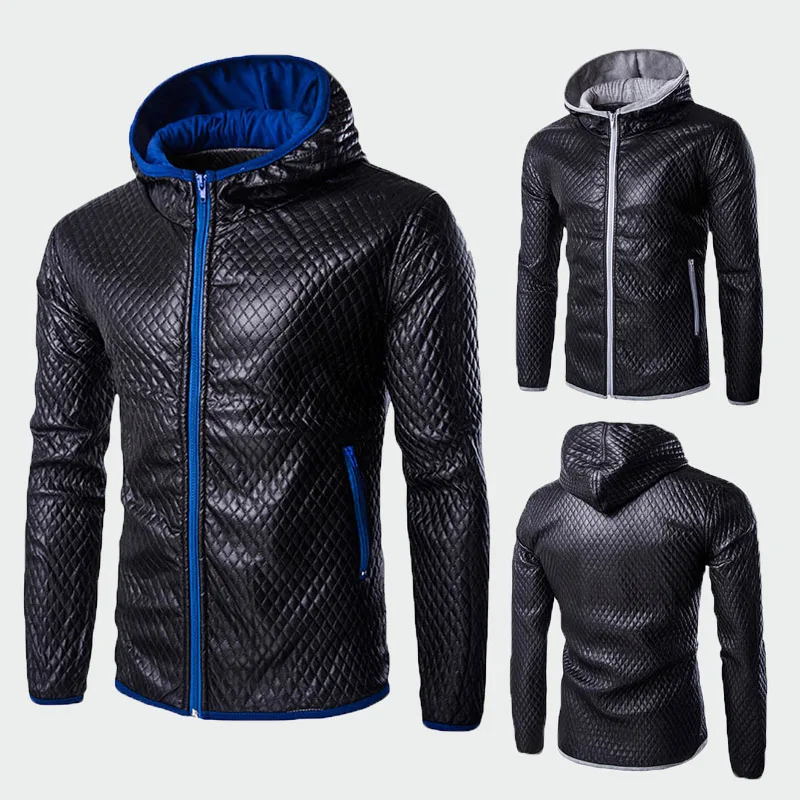 

2019 Autumn Winter Men's Fashion Jacket Casual Long Sleeve Solid Stand Hooded Leather Jackets Top Males Cool Clothing 2XL ML280