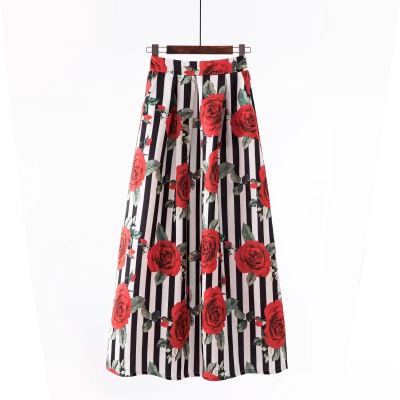 Цветочные Длинные Юбки Женская Макси юбка в пол высокая талия эластичная с карманами винтажная полосатая летняя юбка плюс размер - Цвет: 1090-14black