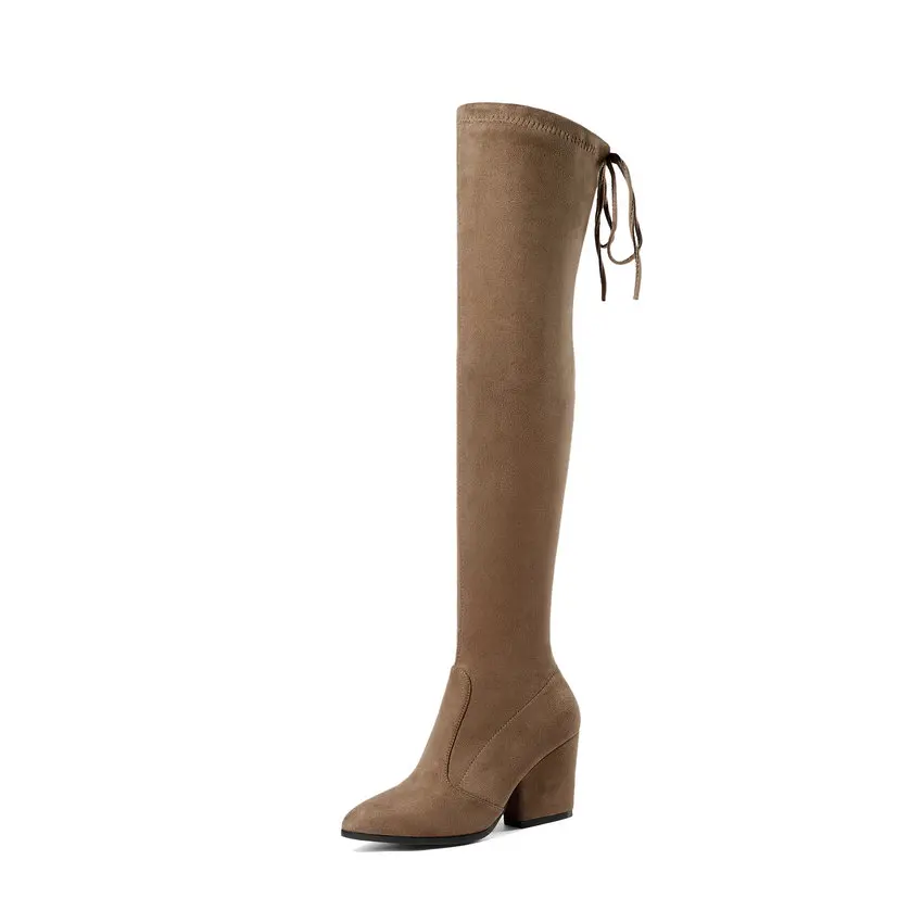 ESVEVA/ г. Женские ботинки пикантные ботфорты женская обувь на высоком каблуке из эластичной ткани с острым носком в западном стиле размеры 34-43 - Цвет: Camel