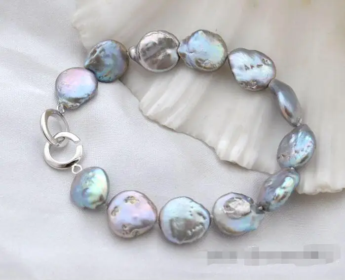 

Free shipping hot sale Women Bridal Wedding Jewelry >>8"14mm coin Gray freshwater pearl bracelet