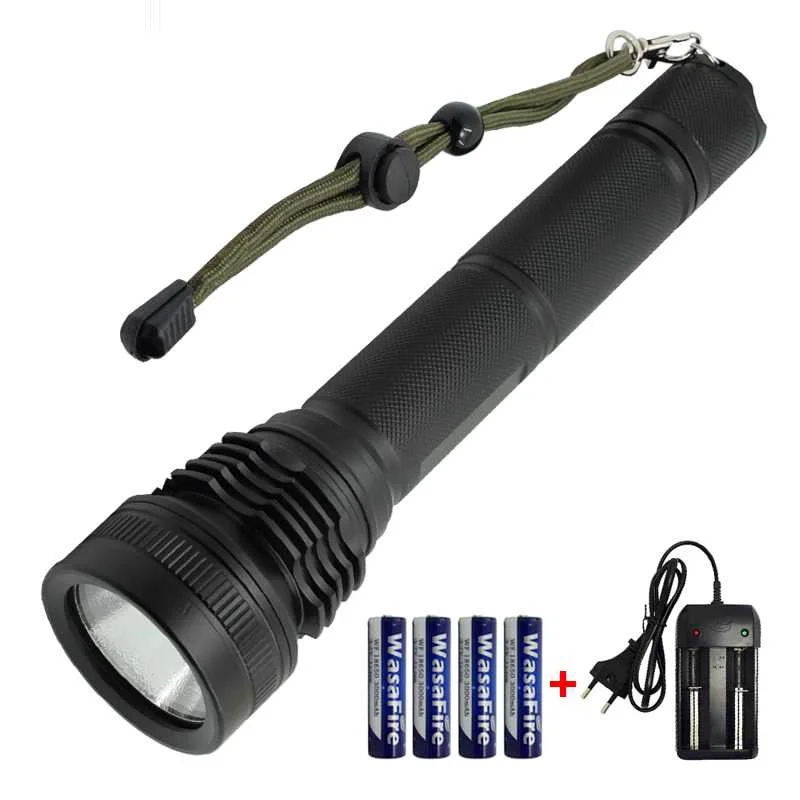 

Portable LED Flashlight for Hiking Super Bright XHP50 LED 5 Mode Torch Lamp With 4 * 18650 Battery + Charger For Camping Fishing