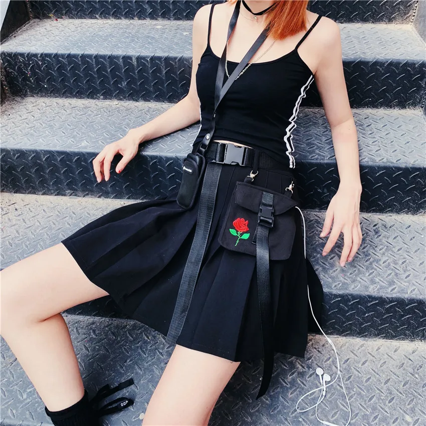 Новинка года Harajuku Уличная Для женщин Высокая талия Роза вышивка карман обтягивающий костюм юбка готический черный плиссированная с поясом