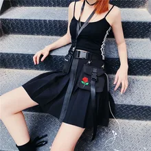 Новинка года Harajuku Уличная Для женщин Высокая талия Роза вышивка карман обтягивающий костюм юбка готический черный плиссированная с поясом