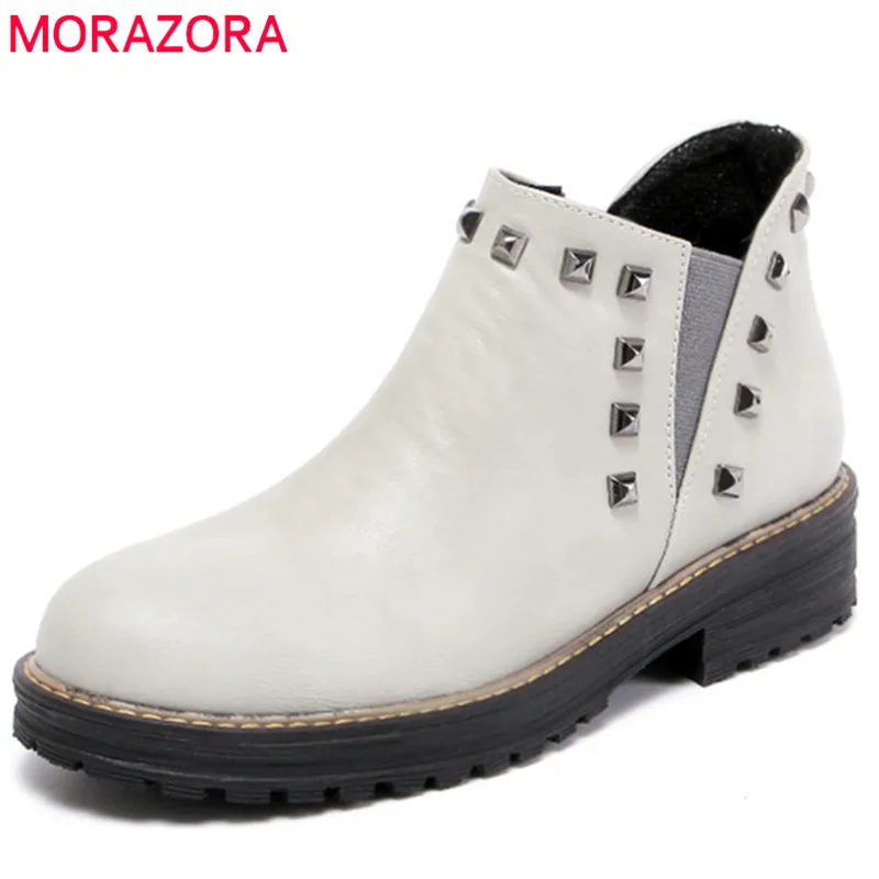 

MORAZORA Med heels shoes PU soft leather ankle boots for women solid rivets motorcycle boots in spring autumn fashion boots