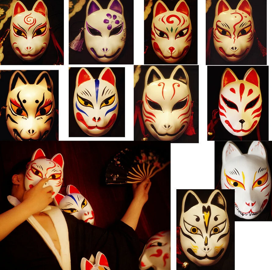 

Full Face Hand Painted Japanese Fox PVC Red Kitsune Cosplay Mask Party Halloween