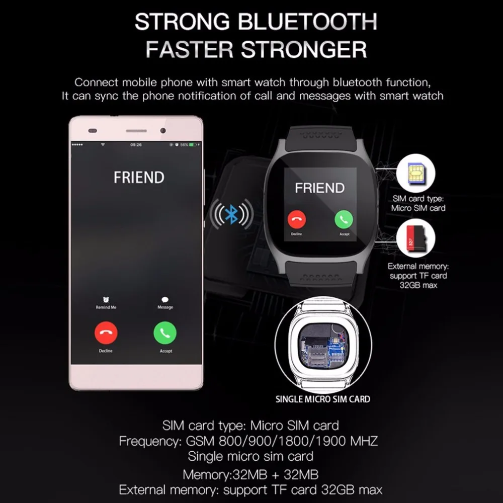 T8 Bluetooth 1 5 дюймов TFT lcd сенсорный экран Смарт часы с камерой Facebook Whatsapp поддержка SIM TF