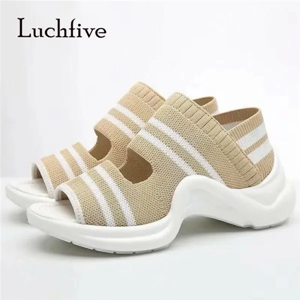 

Summer stripe Knitted Platform women sandals sexy open toe comfortable low heels black beige red blue purple sandalias mujer