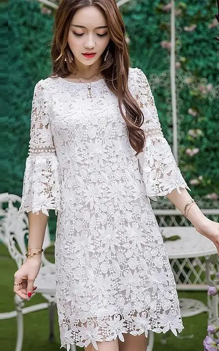 Летнее женское элегантное кружевное платье размера плюс, высококачественное вечернее платье с расклешенными рукавами и бисером, красивый темперамент, vestidoXXXXL18001 - Цвет: Белый