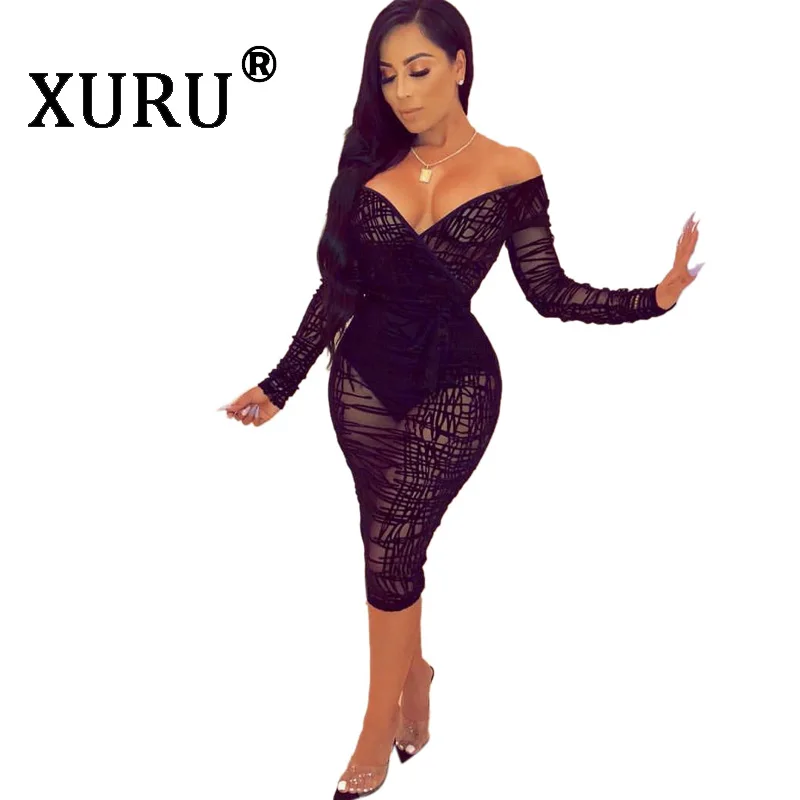 

XURU summer new women's large size dress messy striped lace perspective hip dress S-4XL