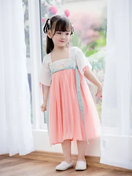 

Hanfu Folk Lotus Embroidered Bow Dress Costume For Kids Baby Girls Traditional Ancient Chinese Style Prom Children Mesh Tulle Dr