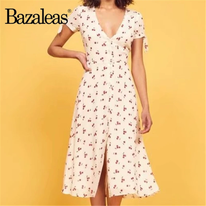 

Bazaleas Chic Deep V Neck Cherry Print Split summer Dress Vintage Buttons Midi Dress Fashion Tie Sleeve vestidos drop shipping