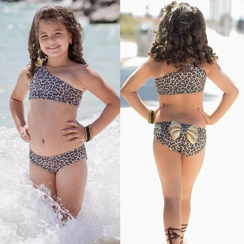 От 0 до 8 лет, летний комплект из 3 предметов для маленьких девочек с леопардовым принтом на одно плечо, комплект бикини с бантом, купальный костюм, купальный костюм