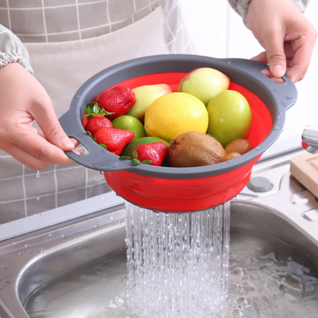 Foldable Strainer Creative Round Fruit Vegetable Washing Basket Space-Saving Storage Silicone Colander Strainer Kitchen Tools