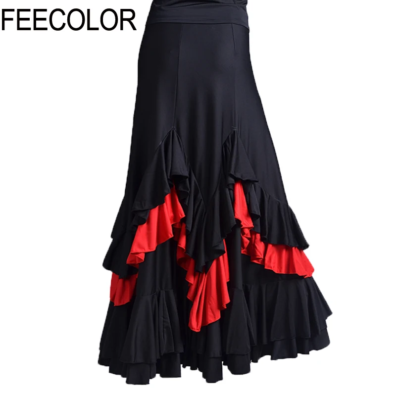 FEECOLOR Spanish Dance Fairy Flamenco Dane Costume 3 tier ruffled Trim Dancing Skirt Swing Waltz Ballroom Long Dancewear