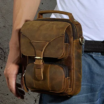 

Men Vintage High Quality Genuine Leather famous brand Crossbody Shoulder Bag Belt Fanny Waist Bag Tote Bag