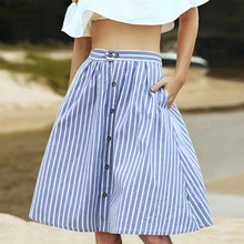 Striped A-Line Blue Single-Breasted Skirt Women 2018 Spring Summer Casual High Waist Knee-Length Skirts Cute Ladies Skirt Femme Striped A-Line Blue Single-Breasted Skirt Women 2018 Spring Summer Casual High Waist Knee-Length Skirts Cute Ladies Skirt Femme