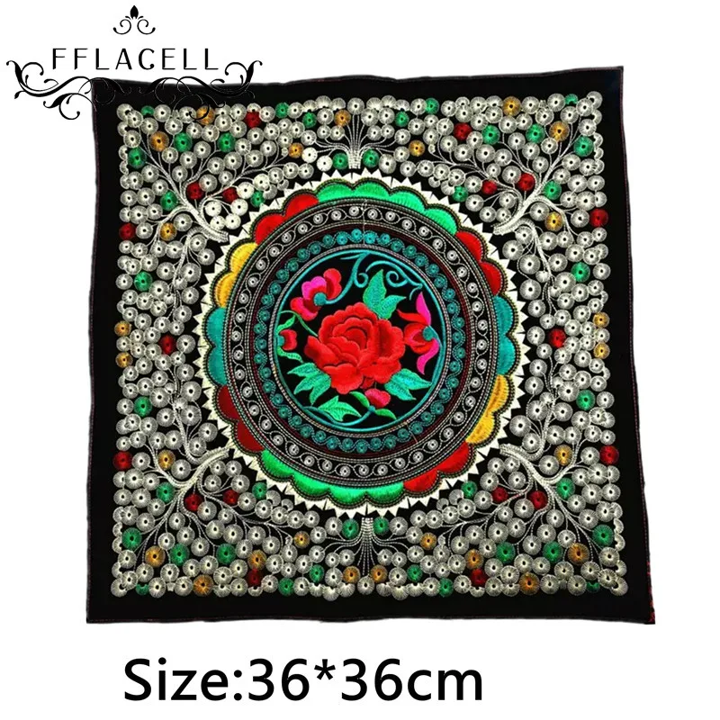 

FFLACELL Big Square Embroidery Patches Ethnic Miao Patch Garment Sewing Accessories Clothing Bag Diy Embroidered Flower Decor