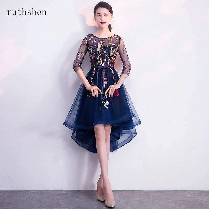 

ruthshen Cheap Women Navy Short Prom Dresses 2019 High Low Prom Dress Scoop Tulle Embroidery Back Zipper Evening Party Gown