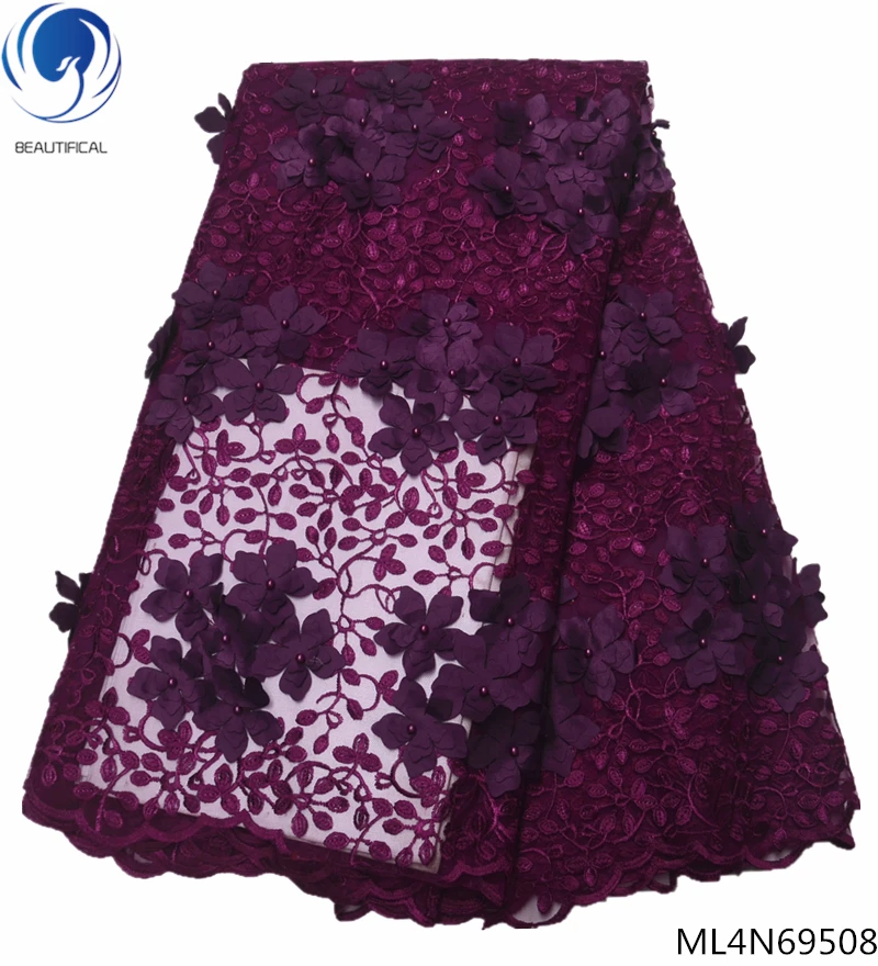 

Beautifical 3d flower laces fabrics african tulle lace fabrics with beads french appliqued lace for women 5yards/lot ML4N695