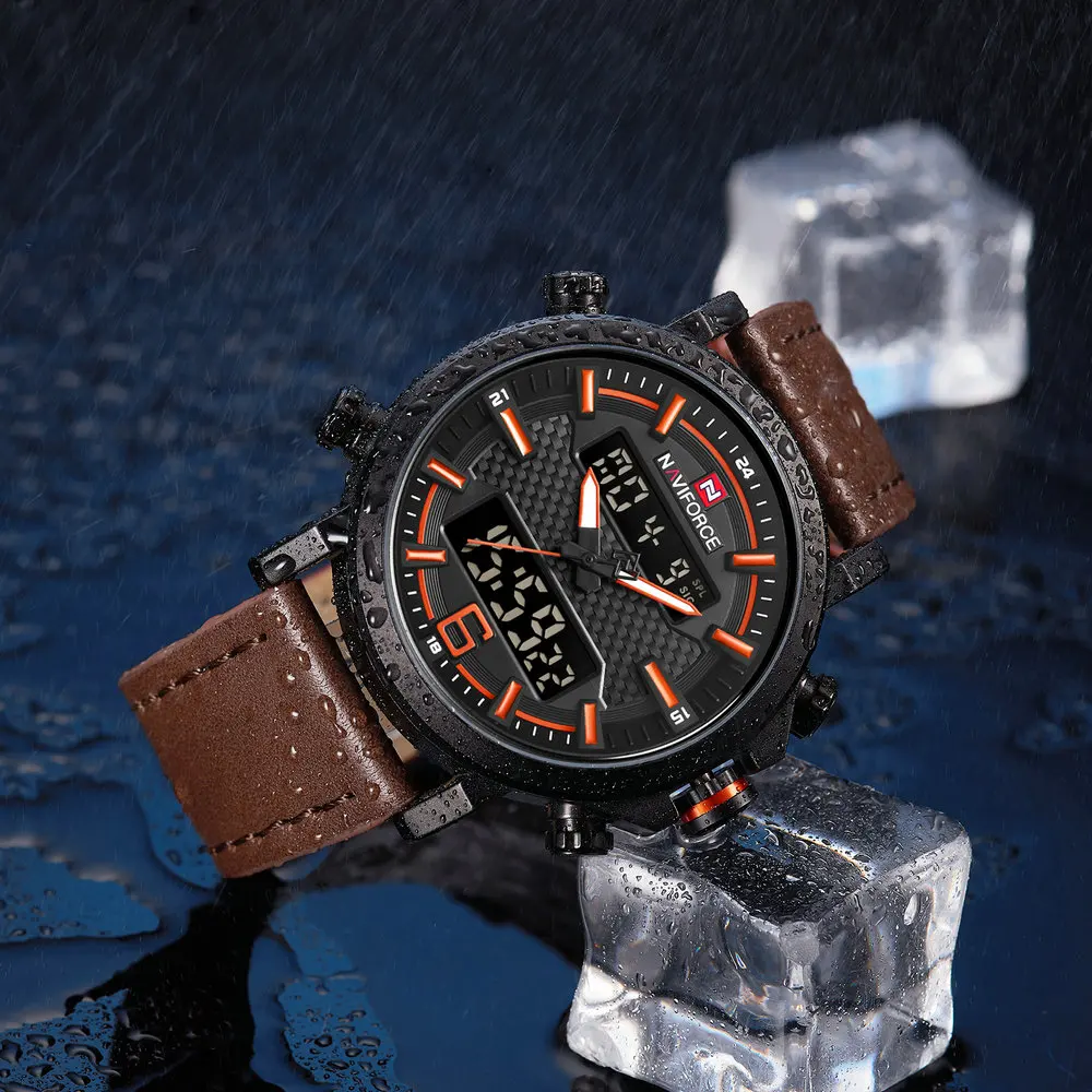 NAVIFORCE спортивные мужские часы Лидирующий бренд Luxuxry кварцевые светодиодный цифровые часы водонепроницаемые военные кожаные часы с двойным РЕМЕШКОМ НАРУЧНЫЕ ЧАСЫ