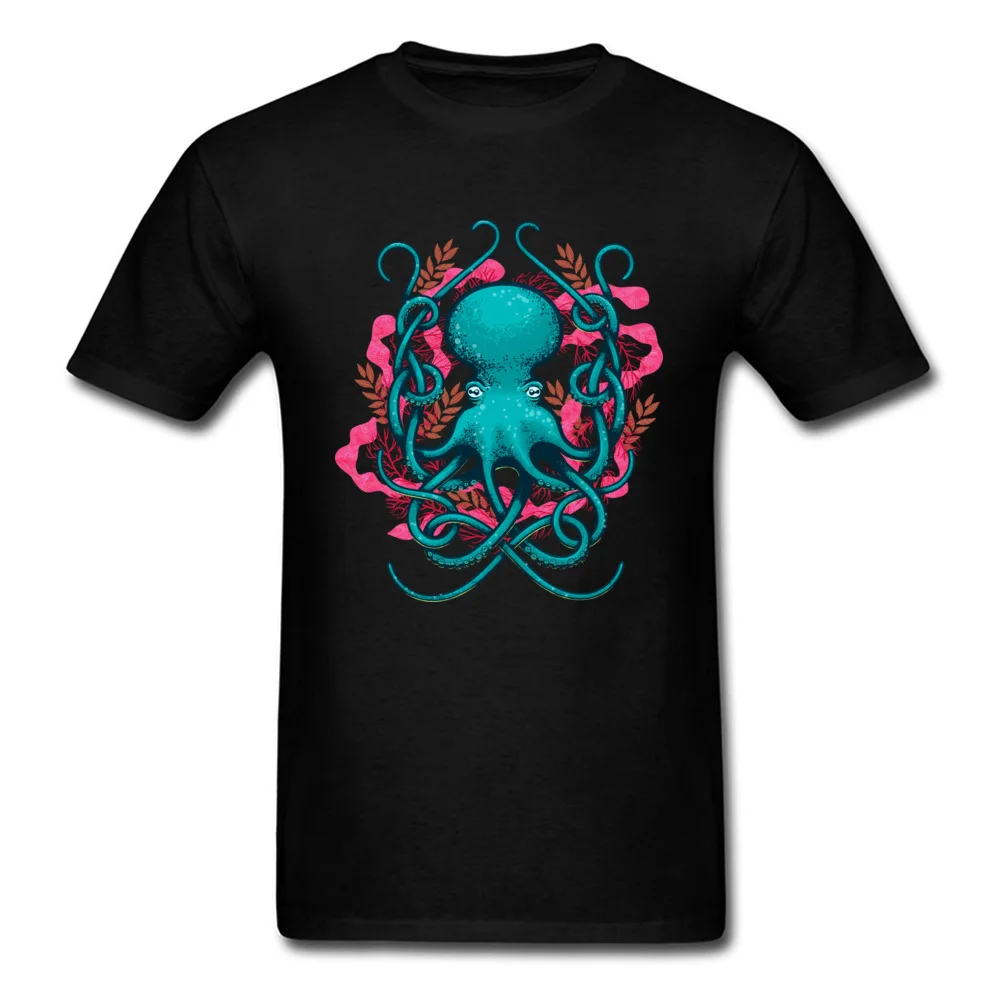 Cool T Shirt New Arrival Round Collar Octupus and Coral Cotton Men Tees Funny Short Sleeve Tee-Shirt Wholesale Octupus and Coral black