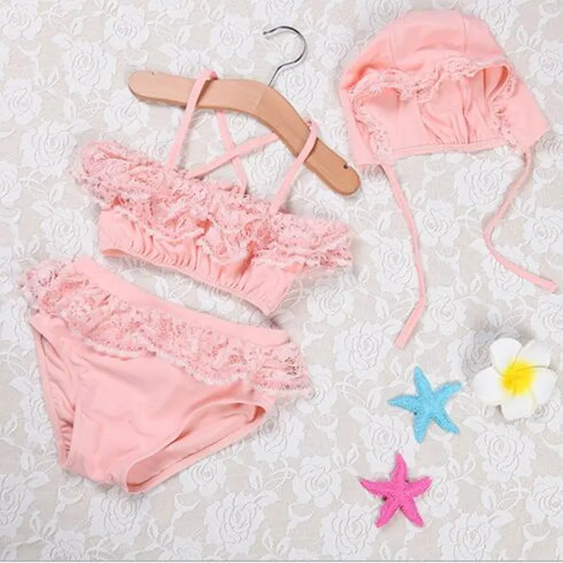 

Funfeliz Three Pieces Swimsuit Girls Pink White Lace Swimming Suit Kids Swimwear with Swimming Cap 4-10 Years Old