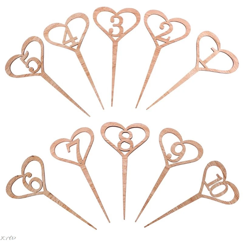 1-10 Wooden Wedding Table Numbers Heart Shape Wood 1-10 Numberic Table Signs Topper Wedding Seats Party Decoration