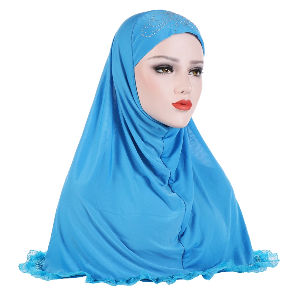Женский сплошной цвет, стразы, кружево, мусульманский тюрбан, хиджаб, головной платок - Цвет: Lake Blue