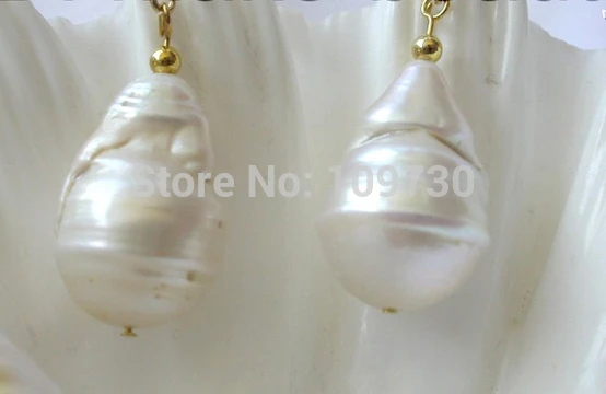 

ry00260 baroque white keshi reborn freshwater pearl dangle earrings 14K