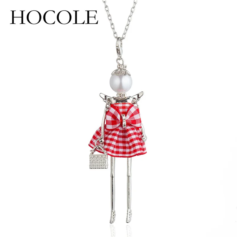 

HOCOLE 2018 New Doll Necklace For Women Cute Bow Dress Doll Pendant Necklace Silver Color Long Chain Jewelry Party Gift Bijoux