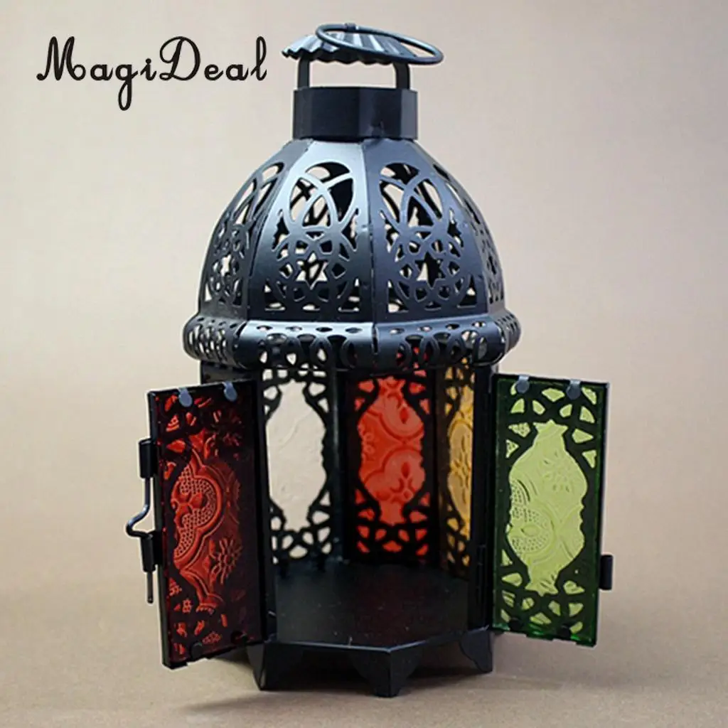 Moroccan Vintage Metal Hollow Glass Moroccan Hanging Tea Light Holder Candle Lantern Xmas Decor